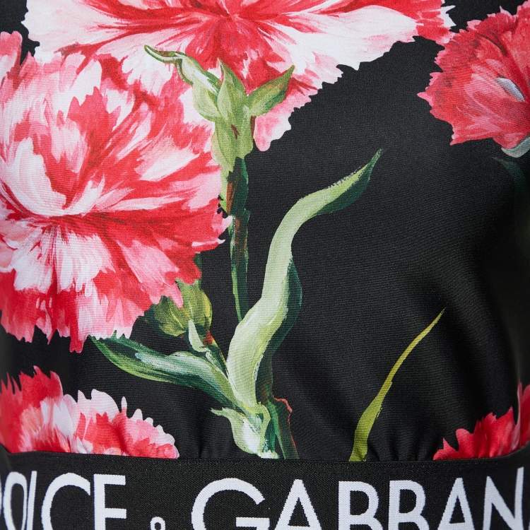 مملوكة مسبقًا Dolce & Gabbana Black Floral Printed Jersey Logo band Detail Crop Top M