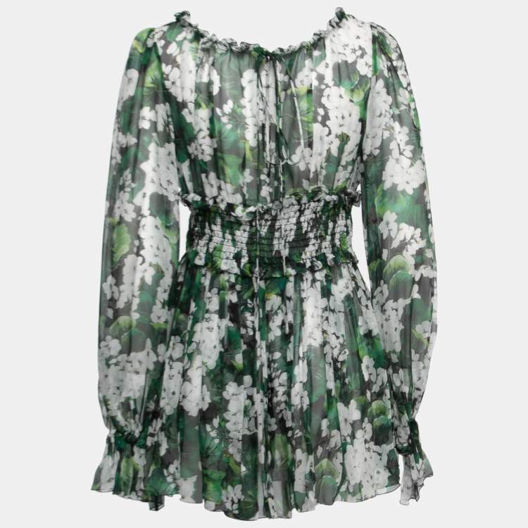 Pre Owned Dolce & Gabbana Green Floral Printed Chiffon Tie Detail Blouse M