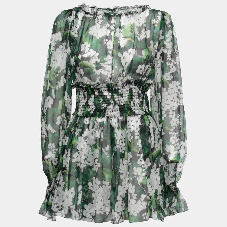 Pre Owned Dolce & Gabbana Green Floral Printed Chiffon Tie Detail Blouse M