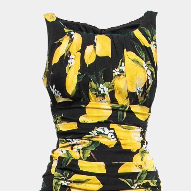 Pre Owned Dolce & Gabbana Black Lemon Printed Silk Ruched Maxi Dress XS