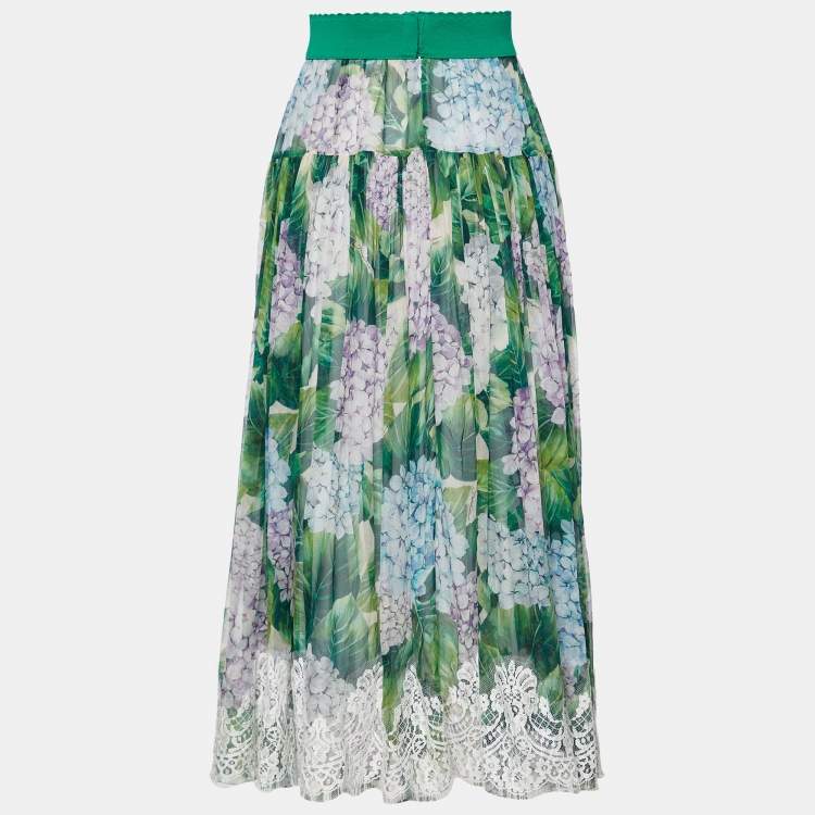 Pre Owned Dolce & Gabbana Green Hydrangea Printed Silk & Lace Flared Midi Skirt S