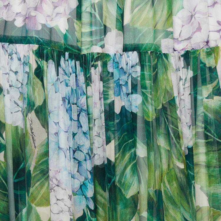 Pre Owned Dolce & Gabbana Green Hydrangea Printed Silk & Lace Flared Midi Skirt S