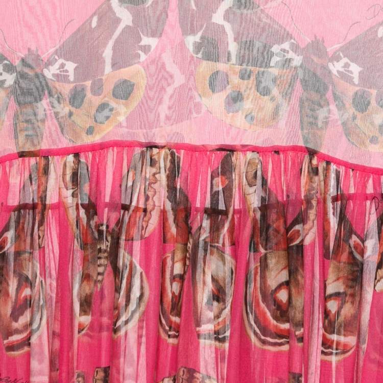 Pre Owned Dolce & Gabbana Pink Butterfly Printed Silk Chiffon Asymmetrical Kaftan Dress M