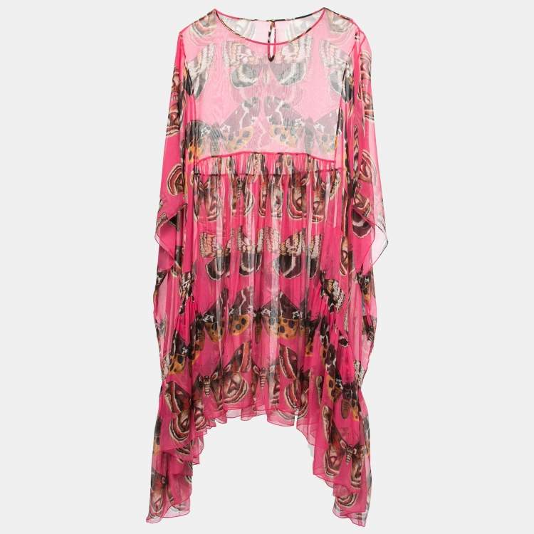 Pre Owned Dolce & Gabbana Pink Butterfly Printed Silk Chiffon Asymmetrical Kaftan Dress M