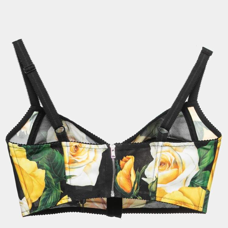 Pre Owned Dolce & Gabbana Black Floral Print Nylon Cropped Bralette Top M