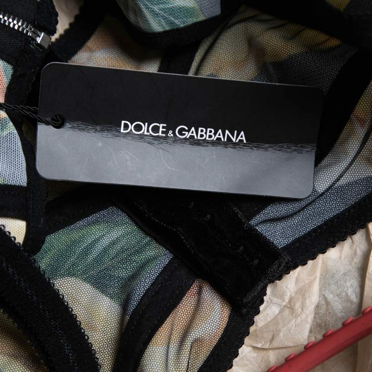 Pre Owned Dolce & Gabbana Black Floral Print Nylon Cropped Bralette Top M