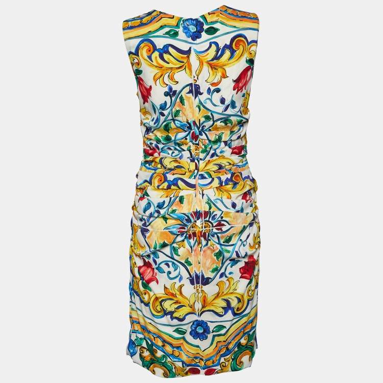 Pre Owned Dolce & Gabbana Multicolor Majolica Printed Silk Ruched Sleeveless Midi Dress M