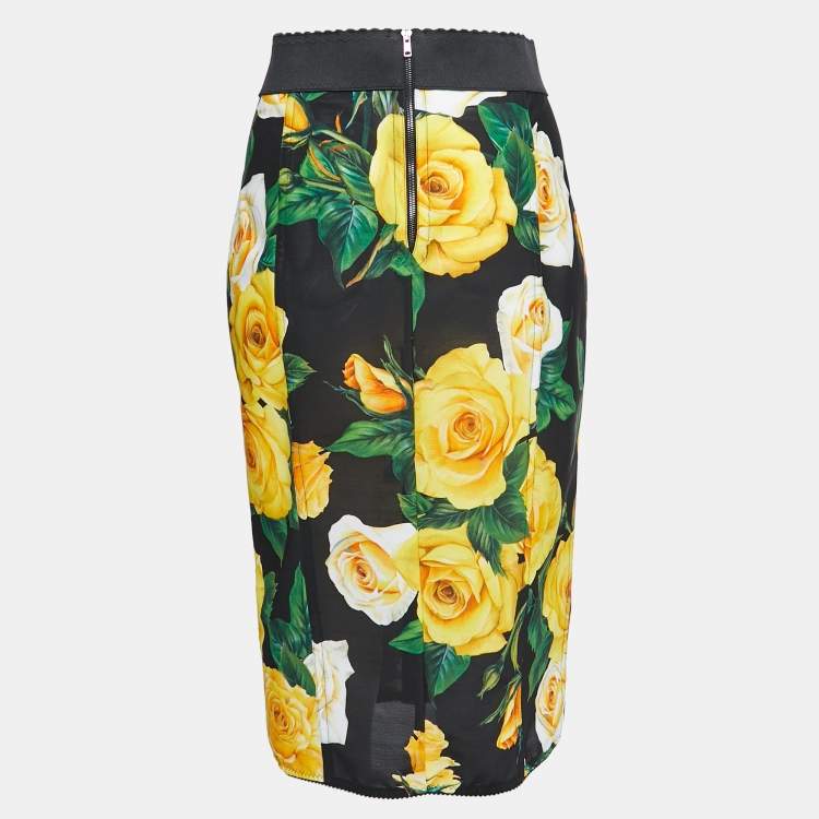 Pre Owned Dolce & Gabbana Black Floral Printed Mesh Midi Skirt L