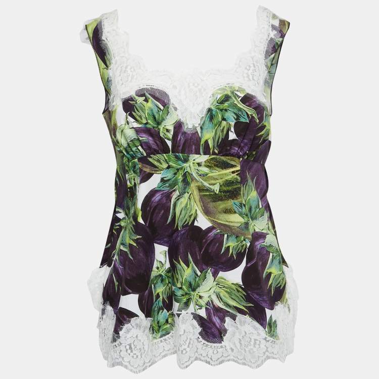 Pre Owned Dolce & Gabbana Purple/White Printed Cotton Lace Trimmed Sleeveless Top S