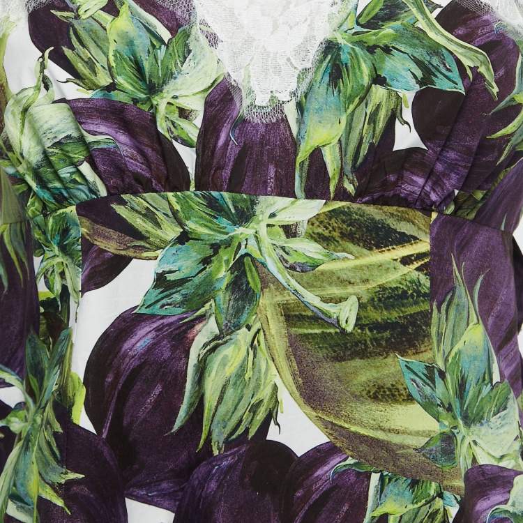 Pre Owned Dolce & Gabbana Purple/White Printed Cotton Lace Trimmed Sleeveless Top S
