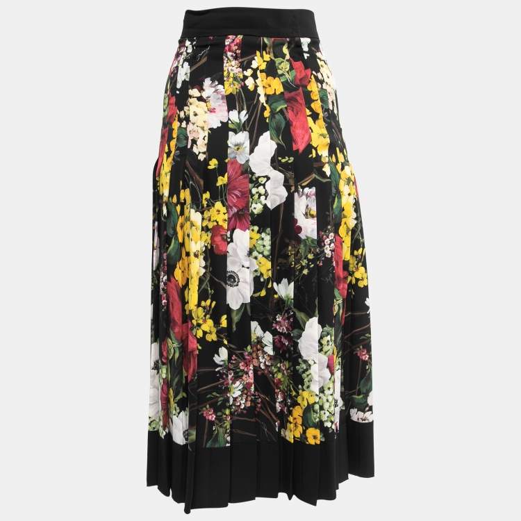 Pre Owned Dolce & Gabbana Black Floral Print Silk Blend High Waist Pleated Midi Skirt XS   