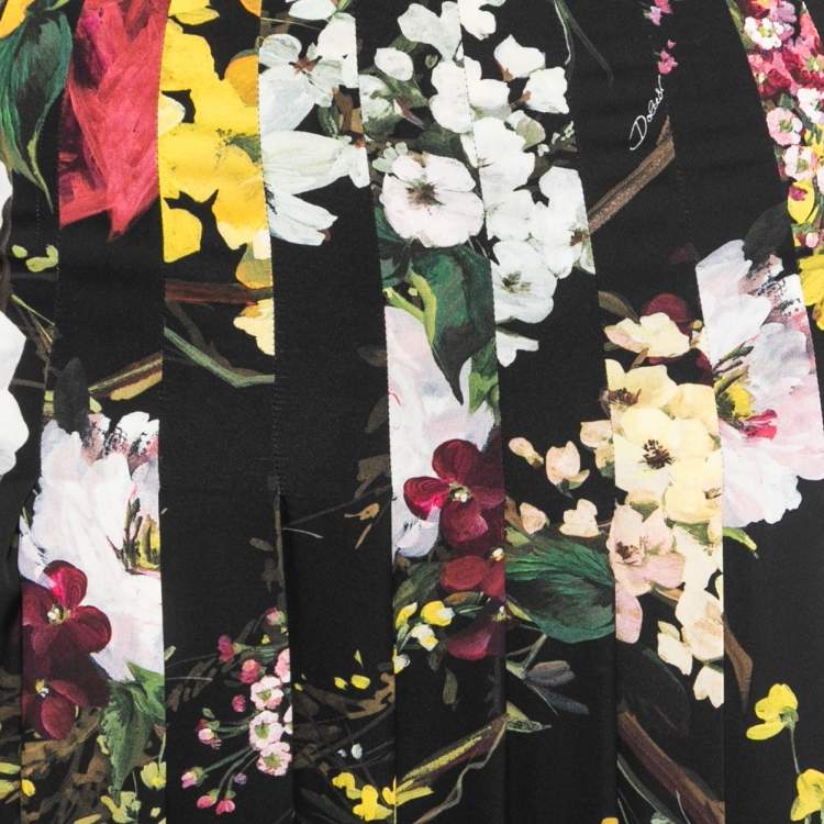 Pre Owned Dolce & Gabbana Black Floral Print Silk Blend High Waist Pleated Midi Skirt XS   