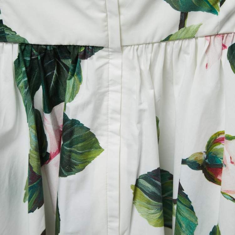 Pre Owned Dolce & Gabbana White Floral Printed Cotton Poplin Strapless Mini Dress S