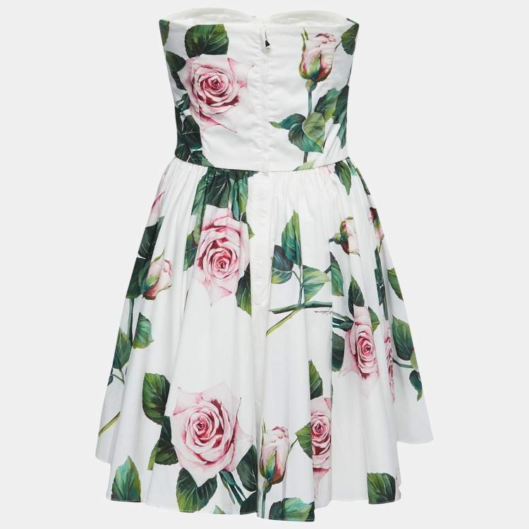Pre Owned Dolce & Gabbana White Floral Printed Cotton Poplin Strapless Mini Dress S