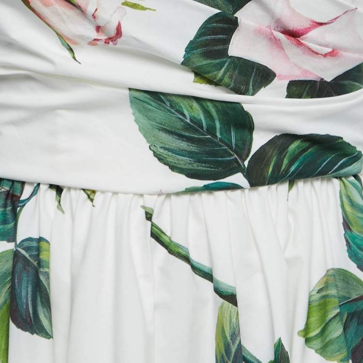 Pre Owned Dolce & Gabbana White Floral Printed Cotton Poplin Strapless Mini Dress S