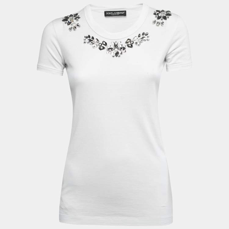 Pre Owned Dolce & Gabbana White Crystal Embellished Cotton Half Sleeve Crew Neck T-Shirt XS