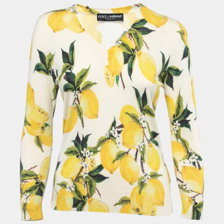 Pre Owned Dolce & Gabbana Cream/Yellow Lemon Print Cashmere & Silk V-Neck Sweater S