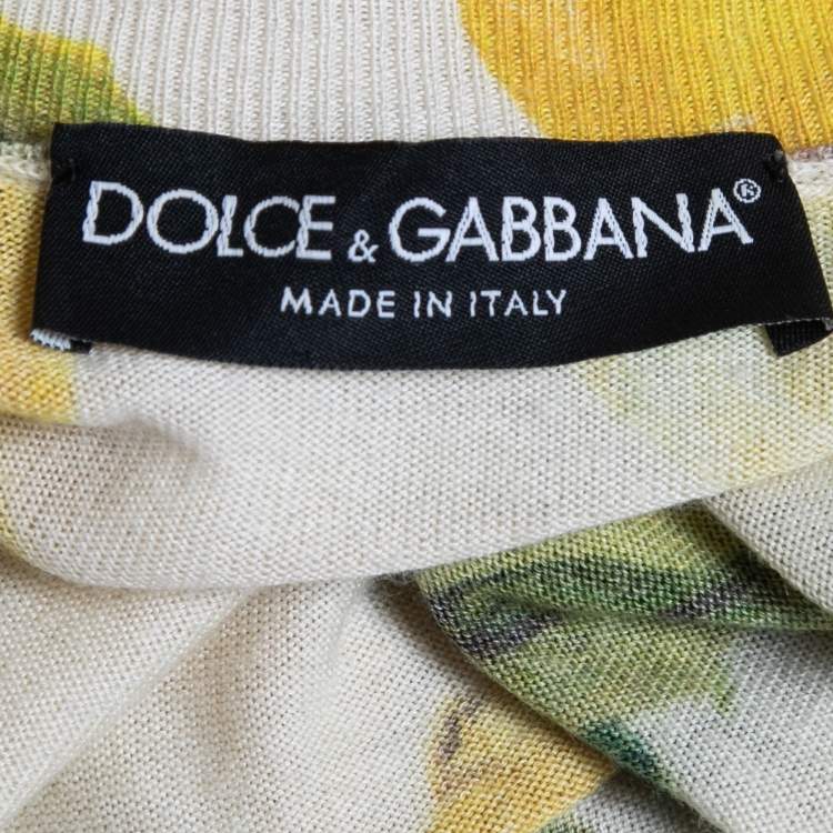 Pre Owned Dolce & Gabbana Cream/Yellow Lemon Print Cashmere & Silk V-Neck Sweater S
