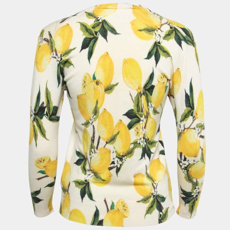 Pre Owned Dolce & Gabbana Cream/Yellow Lemon Print Cashmere & Silk V-Neck Sweater S