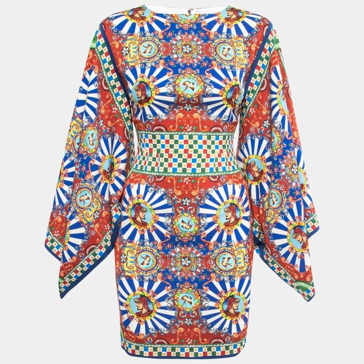 Pre Owned Dolce & Gabbana Multicolor Printed Silk Wide Kimono Sleeve Short Dress XS