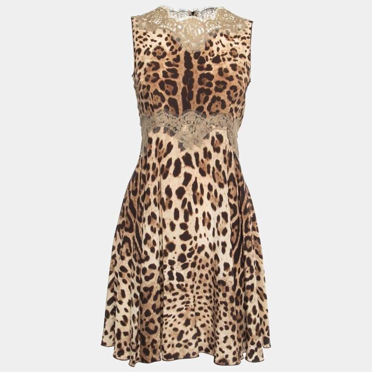 Pre Owned Dolce & Gabbana Brown Leopard Print Silk Lace Trimmed Sleeveless Flared Short Dress S
