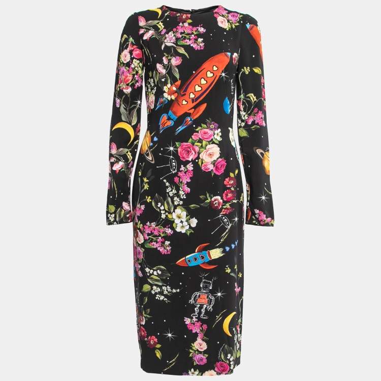 Pre Owned Dolce & Gabbana Black Space Print Crepe Long Sleeve Midi Dress M