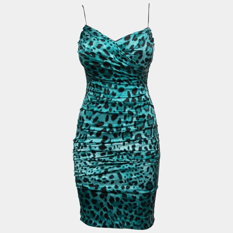 Pre Owned Dolce & Gabbana Green Animal Print Silk Satin Ruched Corset Detail Strappy Mini Dress S
