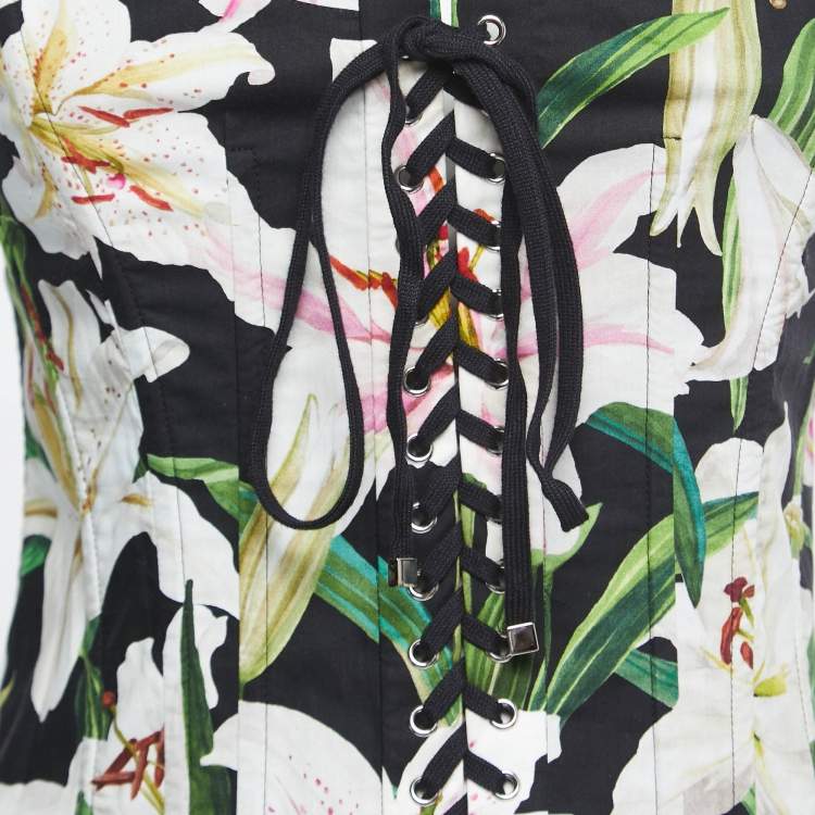 Pre Owned Dolce & Gabbana Black Floral Printed Cotton Lace Up Corset Top M