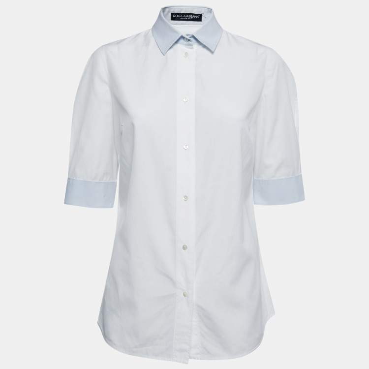 Pre Owned Dolce & Gabbana White Cotton Contrast Trimmed Short Sleeve Button Front Shirt L