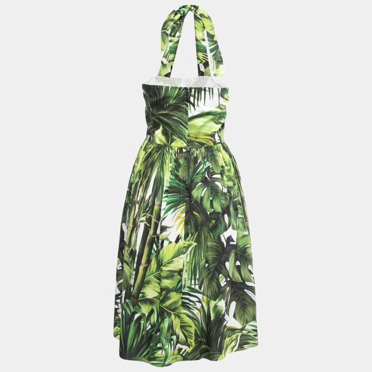مملوكة مسبقًا Dolce & Gabbana Green Leaves Print Cotton Halter Neck Short Dress XXL