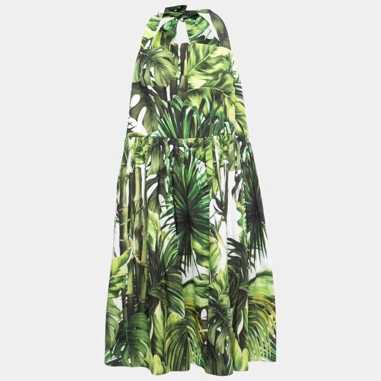 مملوكة مسبقًا Dolce & Gabbana Green Leaves Print Cotton Halter Neck Short Dress XXL
