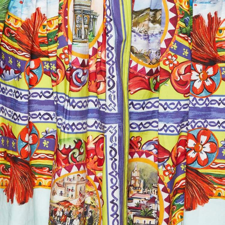 Pre Owned Dolce & Gabbana Multicolor Sicilian Postcard Printed Cotton Midi Skirt M