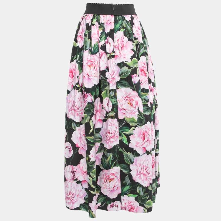 【関税＆送料込み】Dolce & Gabbana Peony Print Long Skirt Dolce & Gabbana Black/Pink Floral Print Cotton Maxi Skirt L