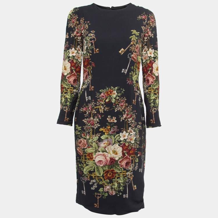 Pre Owned Dolce & Gabbana Navy Blue Floral Printed Crepe Long Sleeve Midi Dress L