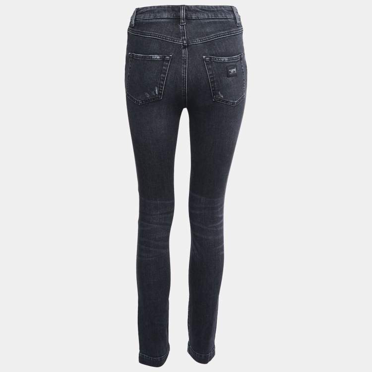 Pre Owned Dolce & Gabbana Charcoal Grey Distressed Denim Frayed Skinny Jeans S