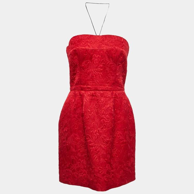 Pre Owned Dolce & Gabbana Red Jacquard Silk Blend Corset Detail Strapless Mini Dress M