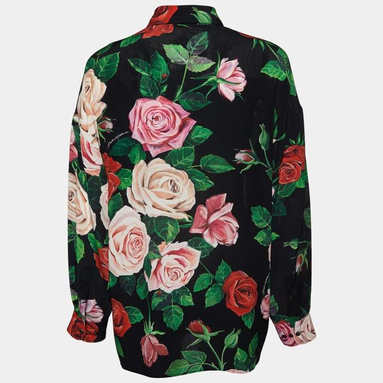 Pre Owned Dolce & Gabbana Black Rose Printed Silk Button Front Shirt S