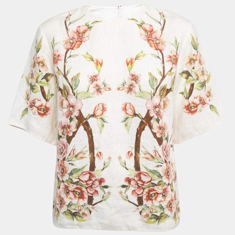 مملوكة مسبقًا Dolce & Gabbana Cream Floral Printed Linen Short Sleeve Top S