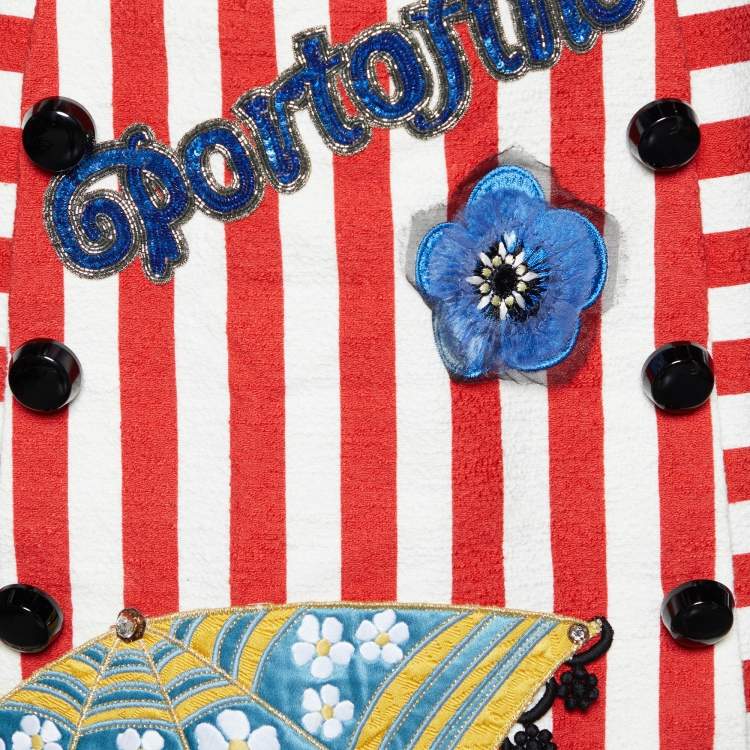 Pre Owned Dolce & Gabbana Red & White Striped Embellished Cotton Maxi Skirt S