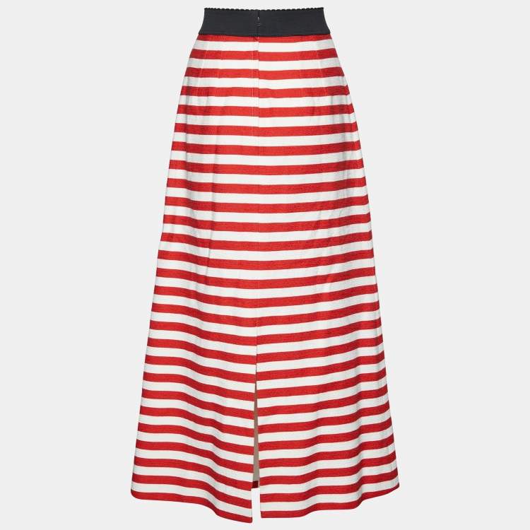 Pre Owned Dolce & Gabbana Red & White Striped Embellished Cotton Maxi Skirt S