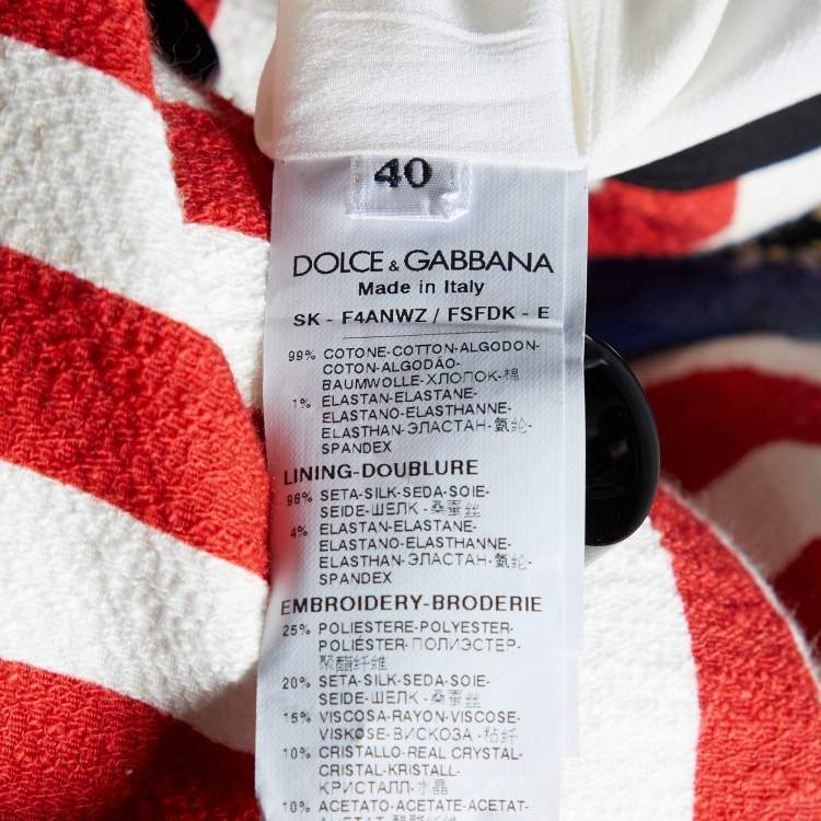 Pre Owned Dolce & Gabbana Red & White Striped Embellished Cotton Maxi Skirt S