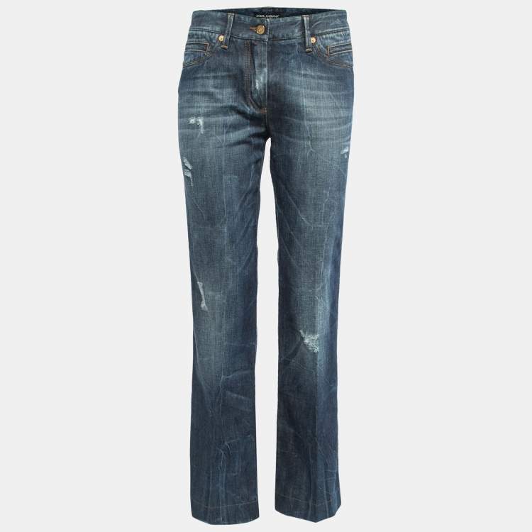 Pre Owned Dolce & Gabbana Blue Washed Distressed Denim Boot Cut Jeans M Waist 30"