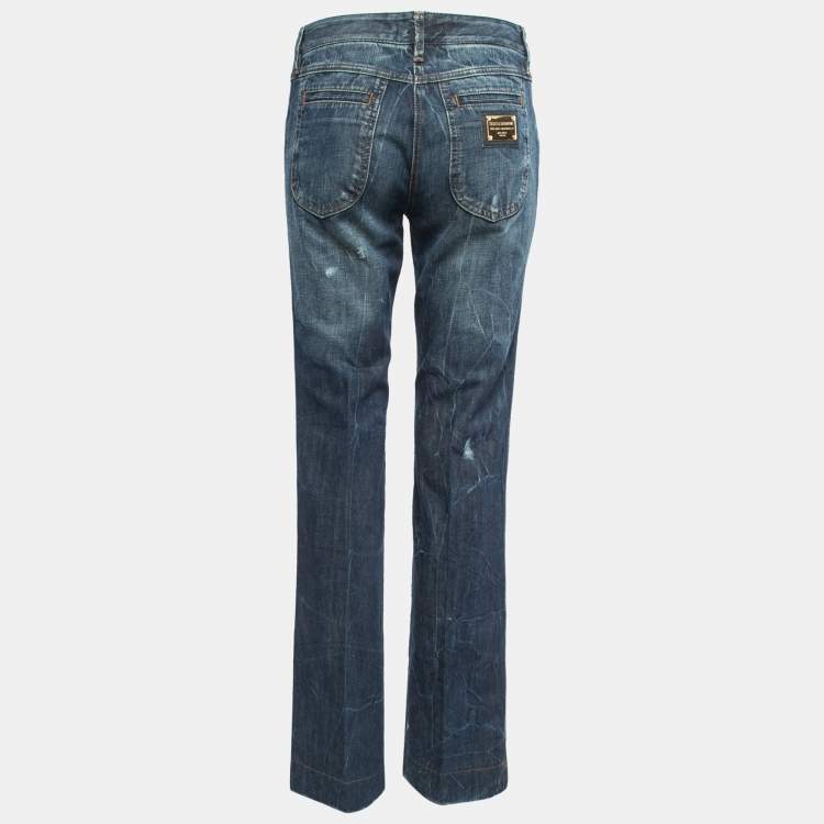 Pre Owned Dolce & Gabbana Blue Washed Distressed Denim Boot Cut Jeans M Waist 30"
