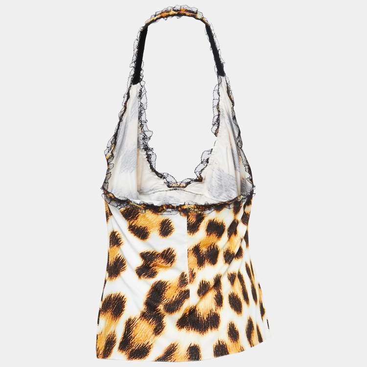 Pre Owned Dolce & Gabbana Black Animal Print Lace Trimmed Halter Neck Camisole L