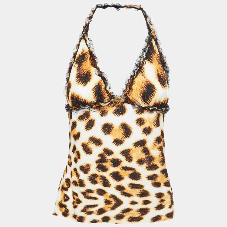 Pre Owned Dolce & Gabbana Black Animal Print Lace Trimmed Halter Neck Camisole L