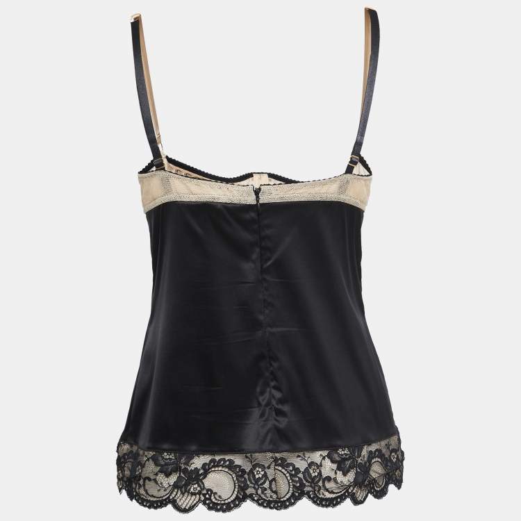 Pre Owned Dolce & Gabbana Black Satin Lace Trimmed Corset Detail Camisole M