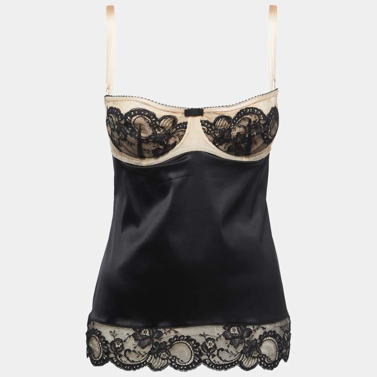 Pre Owned Dolce & Gabbana Black Satin Lace Trimmed Corset Detail Camisole M