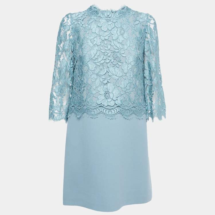 مملوكة مسبقًا Dolce & Gabbana Blue Lace Overlay Wool Blend Short Dress M