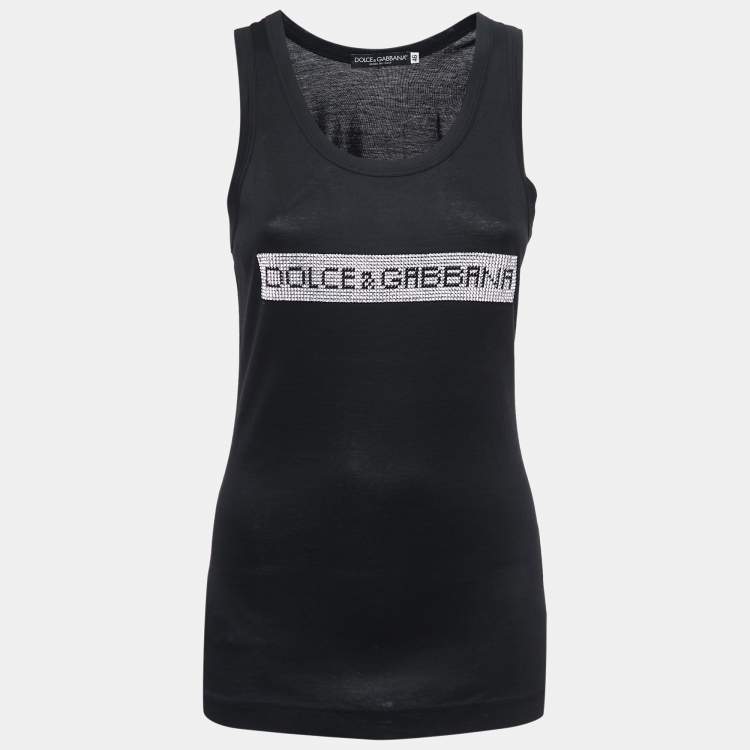 Pre Owned Dolce & Gabbana Black Cotton Crystal Embellished Tank Top L