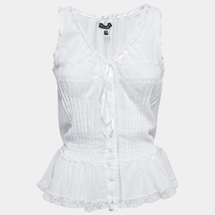 Pre Owned Dolce & Gabbana White Cotton Lace Trimmed Sleeveless Top XL
